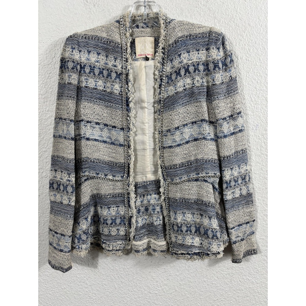 Rebecca Taylor Blazer Womens 0 Beige Blue Tweed Open Front‎ Fringe Chain Jacket